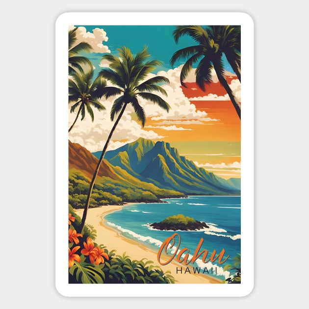 Oahu Hawaii Modern Travel Poster Vintage Style Sticker by LittleBean